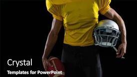  Presentation with american football - Beautiful PPT layouts featuring mid section of american football player holding a ball and head gear backdrop and a black colored foreground
