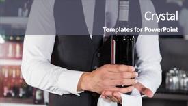  Presentation with bartender - Amazing slide set having mid section of bartender holding a wine bottle in bar backdrop and a gray colored foreground
