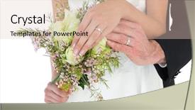  Presentation with flower wedding - Theme having mid section of bride and groom with flower bouquet showing wedding rings over white background background and a lemonade colored foreground
