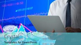  Presentation with bitcoins - Beautiful slide set featuring mid-section of business man using a laptop against bitcoins backdrop and a light blue colored foreground