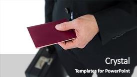  Presentation with passport - Slides consisting of mid section of businessman holding briefcase and passport on white background background and a dark gray colored foreground