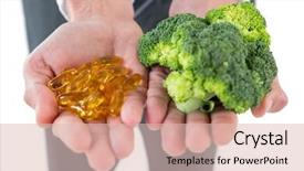  Presentation with vitamin - Colorful slides enhanced with mid section of businessman holding broccoli and vitamin pills backdrop and a lemonade colored foreground