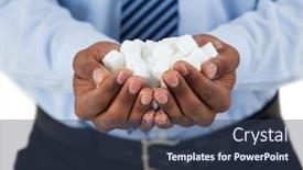  Presentation with sugar cubes - Cool new presentation theme with mid section of businessmans hand cupped with sugar cubes against white background backdrop and a tawny brown colored foreground
