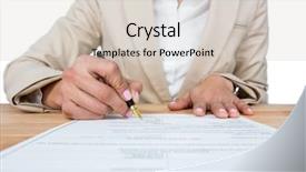  Presentation with mortgage - Audience pleasing slide set consisting of mid section of businesswoman filling mortgage contract form against white background backdrop and a lemonade colored foreground