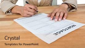  Presentation with mortgage - Slide set having mid section of businesswoman filling mortgage contract form against white background background and a coral colored foreground