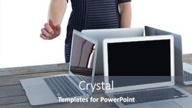  Presentation with computers - PPT theme with mid section of businesswoman using interface by laptop computers on table against white background background and a ocean colored foreground