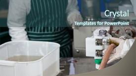  Presentation with meat processing - Cool new slide deck with mid section of butchers processing sausages at meat factory backdrop and a ocean colored foreground