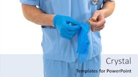  Presentation with surgical gloves - Slide deck consisting of mid-section-of-caucasian-male background and a light blue colored foreground