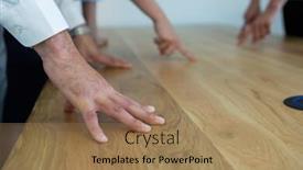  Presentation with meeting table - PPT theme featuring mid-section-of-executive-standing background and a coral colored foreground