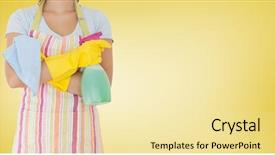  Presentation with spray - Slide set featuring mid section of female cleaner standing with napkin and spray bottle against yellow background background and a blonde colored foreground