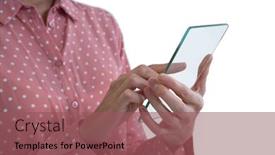  Presentation with executive - PPT theme having mid section of female executive holding a glass smartphone against white background background and a violet colored foreground