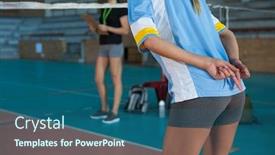  Presentation with volleyball - Amazing PPT layouts having mid section of female volleyball player gesturing while playing at court backdrop and a ocean colored foreground