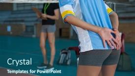 Presentation with volleyball - Colorful PPT theme enhanced with mid section of female volleyball player gesturing while playing backdrop and a ocean colored foreground