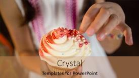  Presentation with birthday party - Presentation design with mid section of girl decorating cupcake during birthday party at home background and a coral colored foreground