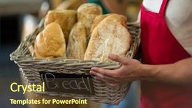  Presentation with staff - Audience pleasing presentation theme consisting of mid section of male staff holding a basket of baguettes at counter in bake shop backdrop and a tawny brown colored foreground