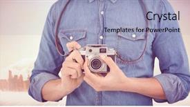  Presentation with horizon - Cool new theme with mid section of man adjusting camera lens against large city on the horizon backdrop and a light blue colored foreground