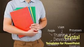  Presentation with files - Audience pleasing presentation design consisting of mid section of man holding files against blackboard backdrop and a tawny brown colored foreground