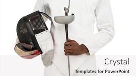  Presentation with sword - Audience pleasing theme consisting of mid-section of man standing with fencing mask and sword on white background backdrop and a light gray colored foreground