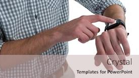  Presentation with smartwatch - Presentation theme enhanced with mid section of man using smartwatch against white background background and a mint green colored foreground