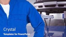  Presentation with mechanic - Amazing PPT theme having mid section of mechanic standing at garage backdrop and a cobalt blue colored foreground