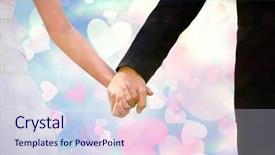  Presentation with valentines - PPT theme featuring mid section of newlywed couple holding hands in park against valentines heart design background and a sky blue colored foreground