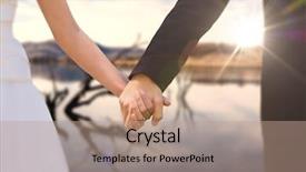  Presentation with holding hands - Presentation design consisting of mid section of newlywed couple holding hands in park against lake background and a coral colored foreground