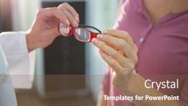  Presentation with optometrist - Audience pleasing PPT layouts consisting of mid section of optometrist giving spectacles to customer in optical store backdrop and a violet colored foreground