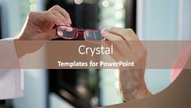  Presentation with optometrist - PPT layouts enhanced with mid section of optometrist giving spectacles to customer in optical store background and a coral colored foreground