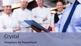  Presentation with restaurant kitchen - Presentation theme having mid section of restaurant manager background and a light blue colored foreground