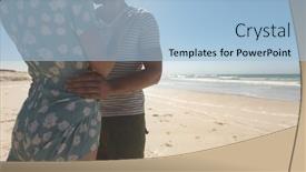  Presentation with romantic beach - Presentation theme enhanced with mid section of romantic caucasian couple standing at beach on a sunny day they are hugging each other background and a light blue colored foreground