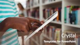  Presentation with digital library - PPT layouts having mid section of schoolboy using digital tablet in library at school background and a tawny brown colored foreground