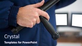  Presentation with security officer - Beautiful PPT theme featuring mid section of security officer holding a baton backdrop and a navy blue colored foreground