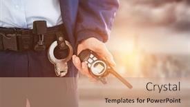 Presentation with security officer - Beautiful slide set featuring mid section of security officer holding walkie talkie against balcony overlooking city backdrop and a coral colored foreground