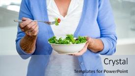  Presentation with ready to eat salad - Audience pleasing slides consisting of mid section of senior woman backdrop and a  colored foreground