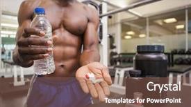  Presentation with vitamin - Theme with mid section of shirtless muscular man holding vitamin pills in hand background and a violet colored foreground