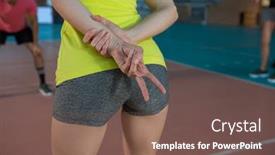  Presentation with volleyball - Cool new PPT theme with mid section of volleyball player making strategy by gesturing at court backdrop and a violet colored foreground