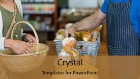 Presentation with purchasing - Audience pleasing PPT theme consisting of mid section of woman purchasing bread at bakery store in supermarket backdrop and a gold colored foreground