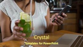  Presentation with phone - Amazing presentation theme having mid-section-of-woman-using backdrop and a tawny brown colored foreground