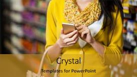  Presentation with grocery - PPT theme with mid section of woman using mobile phone in grocery section of supermarket background and a gold colored foreground