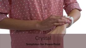  Presentation with smartwatch - Audience pleasing PPT layouts consisting of mid-section of woman using smartwatch against white background backdrop and a tawny brown colored foreground