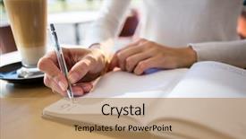  Presentation with cafeteria - Amazing PPT layouts having mid section of woman writing in diary at cafeteria backdrop and a coral colored foreground