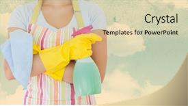  Presentation with spray - Cool new slide deck with mid section of woman in apron holding spray bottle against sky background backdrop and a soft green colored foreground