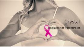  Presentation with breast cancer - Beautiful PPT theme featuring mid section of woman with breast cancer awareness ribbon making heart shape by hands backdrop and a mint green colored foreground
