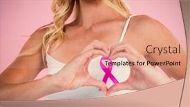  Presentation with breast cancer awareness - PPT theme featuring mid section of woman with breast cancer awareness ribbon making heart shape by hands background and a coral colored foreground