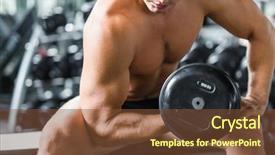  Presentation with flexing - Beautiful PPT layouts featuring mid section portrait of shirtless muscular man doing arm exercise working out with dumbbells during strength training in modern gym flexing and pumping bicep muscles backdrop and a tawny brown colored foreground
