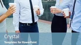  Presentation with paper cups - Theme enhanced with mid section shot group of unrecognizable business people standing outside modern office building talking and holding paper coffee cups background and a teal colored foreground
