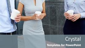  Presentation with paper cups - Amazing slide deck having mid section shot group of business people standing outside modern office building talking and holding paper coffee cups backdrop and a gray colored foreground