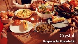  Presentation with multi ethnic group - Presentation theme with mid section view of a group of young adult multi-ethnic male and female friends sitting around a table holding dishes and serving thanksgiving dinner at home together background and a tawny brown colored foreground