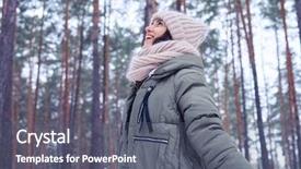  Presentation with spread - Cool new presentation design with mid shot of beautiful woman basking in wintry rays on a sunny day amazed woman looking at the sky in the wintry wood during the walk spread arms enjoying wonderful day backdrop and a gray colored foreground