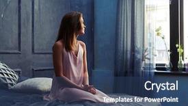  Presentation with silk - PPT layouts having mid shot of dreamy young girl in a silk night-gown on a bed tender girl looking at the window while sitting on the bed home comfort concept background and a ocean colored foreground